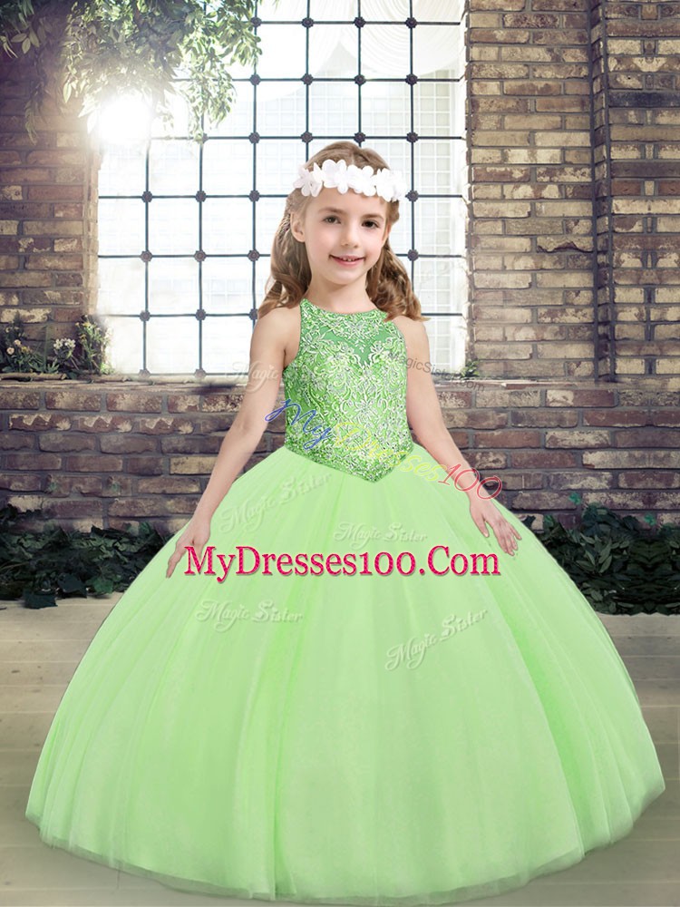 Scoop Sleeveless Lace Up Little Girl Pageant Dress Yellow Green Tulle