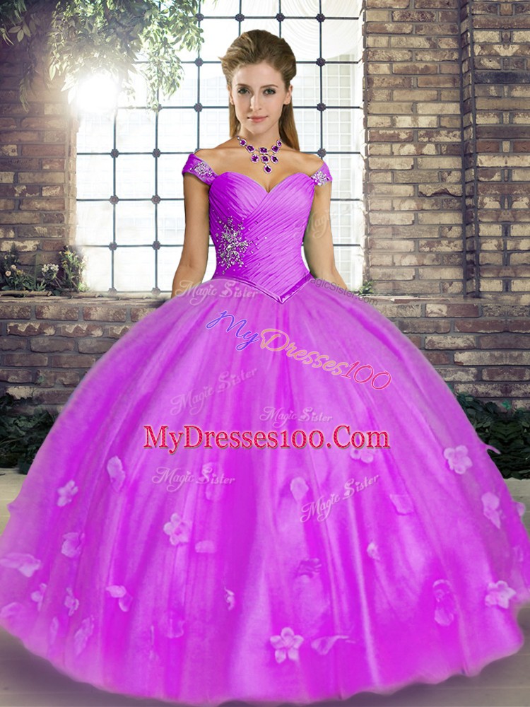 Floor Length Lavender Quinceanera Dresses Tulle Sleeveless Beading and Appliques