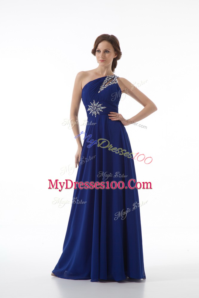 Ideal Floor Length Royal Blue Evening Dress One Shoulder Sleeveless Zipper