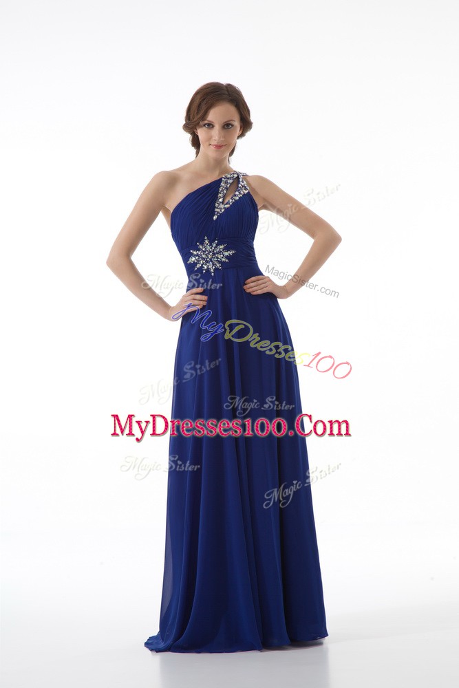 Ideal Floor Length Royal Blue Evening Dress One Shoulder Sleeveless Zipper