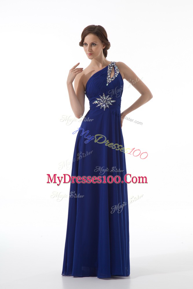 Ideal Floor Length Royal Blue Evening Dress One Shoulder Sleeveless Zipper