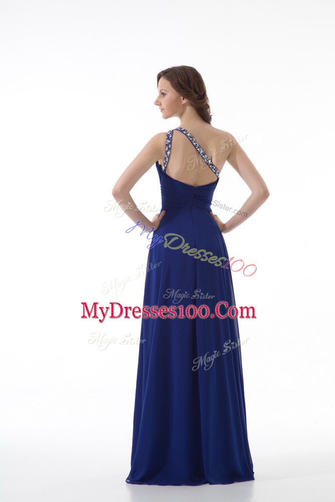 Ideal Floor Length Royal Blue Evening Dress One Shoulder Sleeveless Zipper