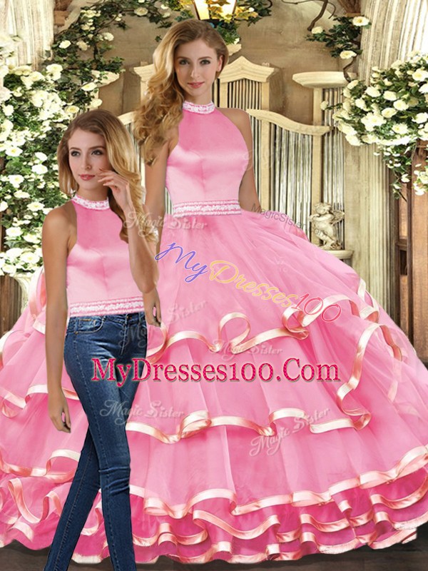 Halter Top Sleeveless Sweet 16 Dress Floor Length Ruffled Layers Pink Organza