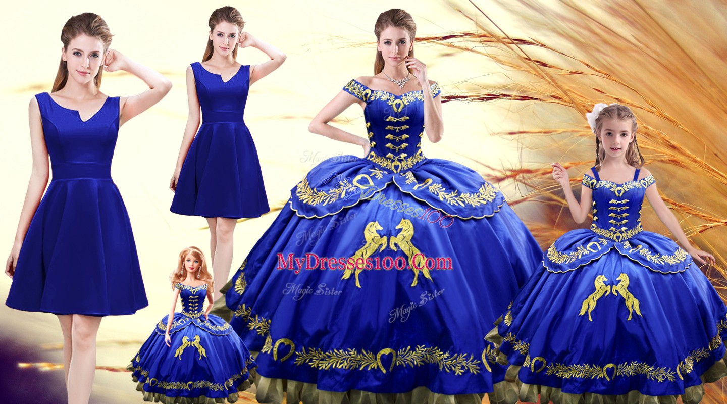 Glittering Royal Blue Satin Lace Up Off The Shoulder Sleeveless Floor Length Quinceanera Dress Embroidery