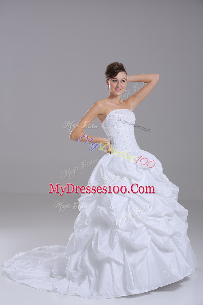 Lovely White Sleeveless Brush Train Lace and Pick Ups Wedding Gowns