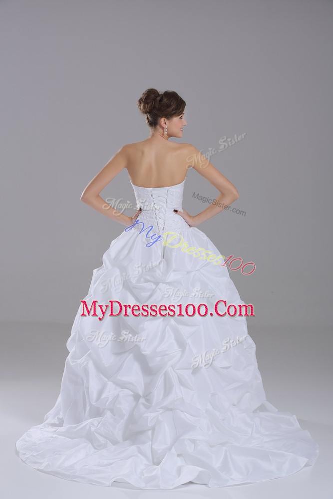Lovely White Sleeveless Brush Train Lace and Pick Ups Wedding Gowns