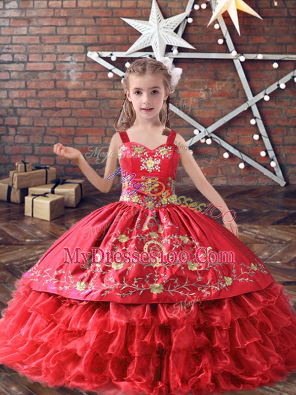 Red Sleeveless Embroidery and Ruffled Layers Floor Length Girls Pageant Dresses