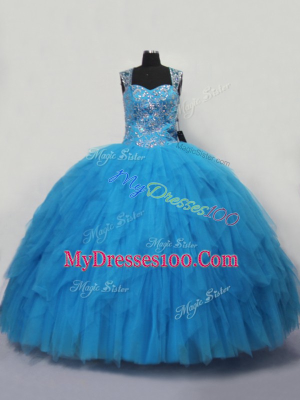Blue Lace Up Sweet 16 Dress Beading and Ruffles Sleeveless Floor Length