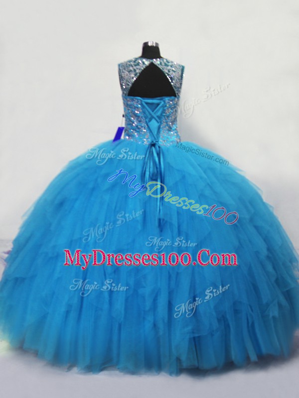 Blue Lace Up Sweet 16 Dress Beading and Ruffles Sleeveless Floor Length