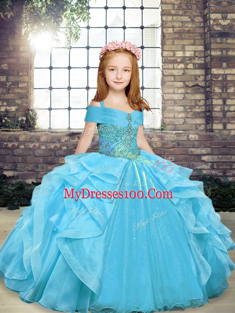 Straps Sleeveless Kids Pageant Dress Floor Length Beading and Ruffles Aqua Blue Organza