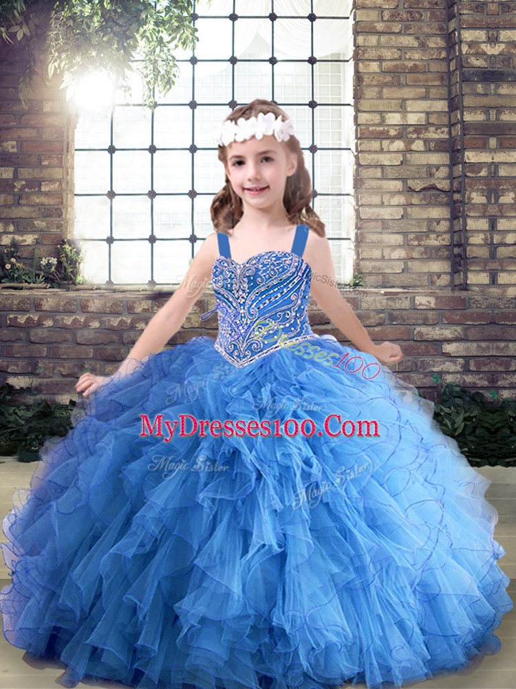 Floor Length Lace Up Little Girls Pageant Dress Wholesale Blue for Party and Wedding Party with Beading and Ruffles