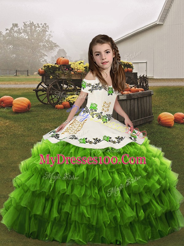 Straps Sleeveless Organza Little Girl Pageant Gowns Embroidery and Ruffled Layers Lace Up
