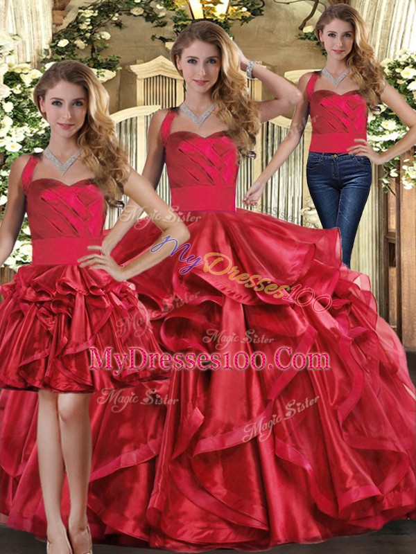 Sophisticated Straps Sleeveless Lace Up Sweet 16 Quinceanera Dress Red Organza