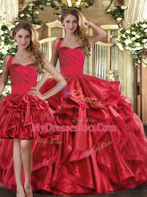 Sophisticated Straps Sleeveless Lace Up Sweet 16 Quinceanera Dress Red Organza