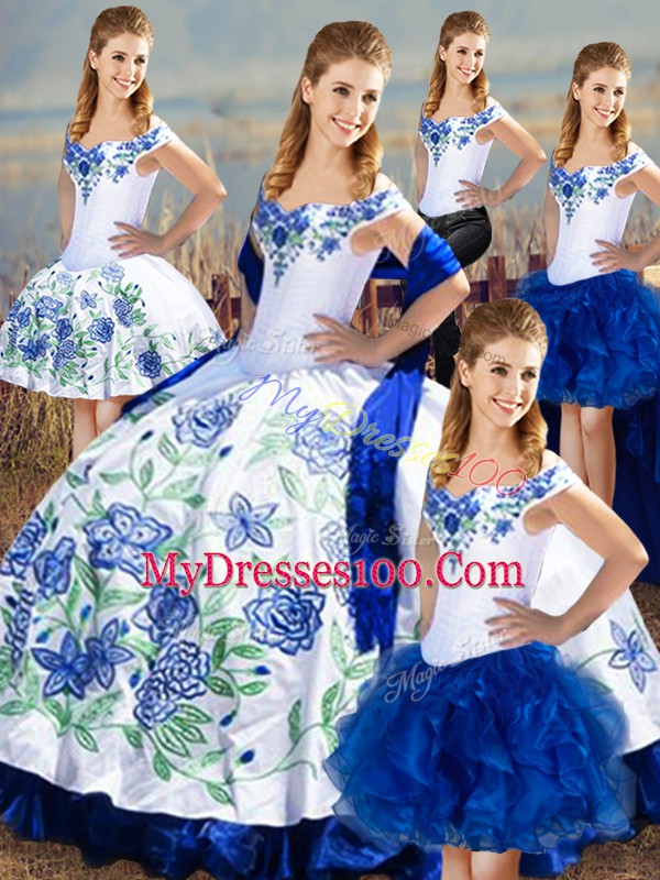 Stylish Floor Length Lace Up Sweet 16 Dress Blue And White for Sweet 16 and Quinceanera with Embroidery and Ruffles