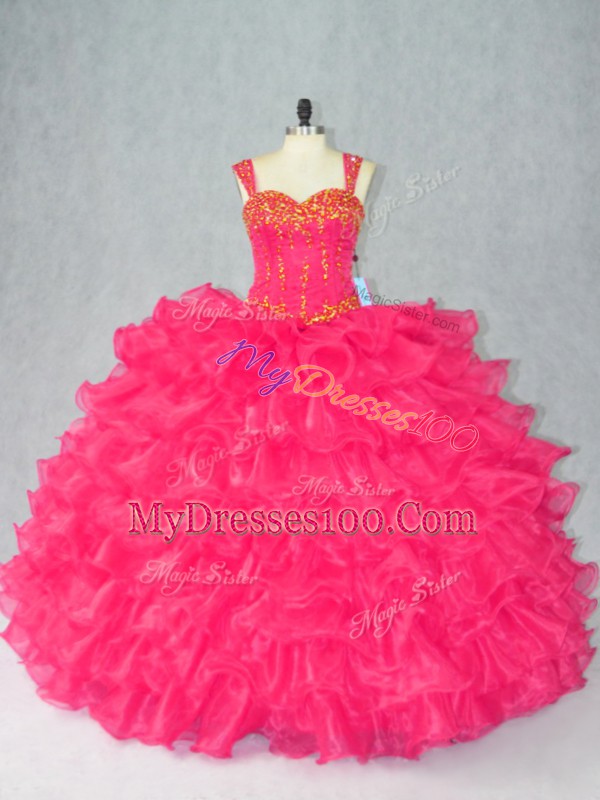 Floor Length Red Quinceanera Gowns Straps Sleeveless Lace Up