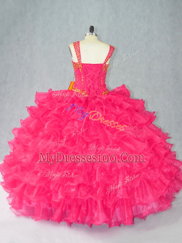 Floor Length Red Quinceanera Gowns Straps Sleeveless Lace Up