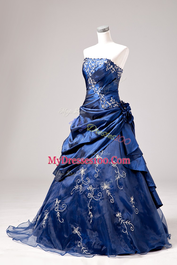 Enchanting Sleeveless Floor Length Embroidery and Hand Made Flower Lace Up Ball Gown Prom Dress with Blue