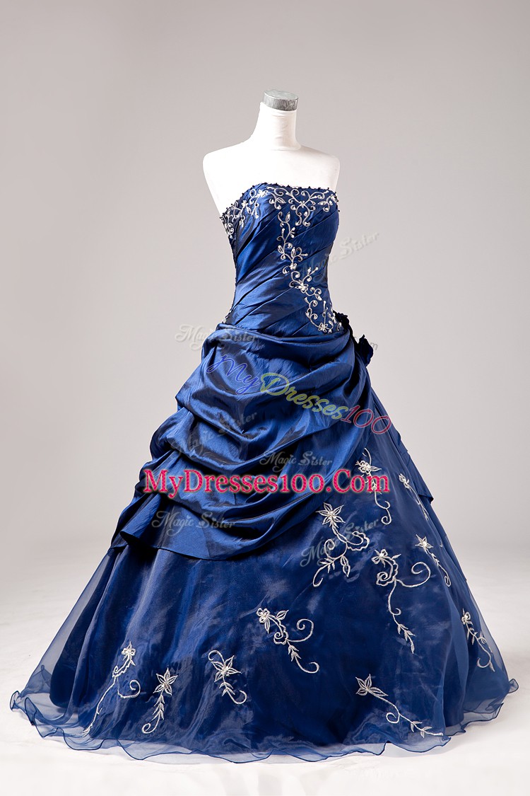 Enchanting Sleeveless Floor Length Embroidery and Hand Made Flower Lace Up Ball Gown Prom Dress with Blue