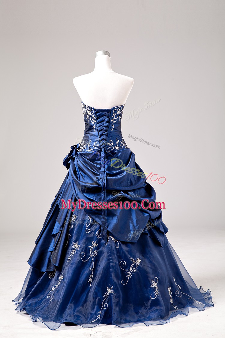 Enchanting Sleeveless Floor Length Embroidery and Hand Made Flower Lace Up Ball Gown Prom Dress with Blue