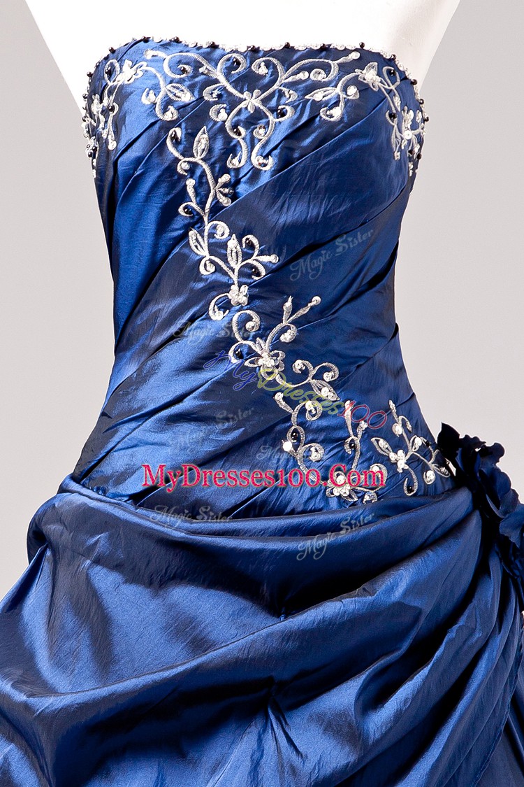 Enchanting Sleeveless Floor Length Embroidery and Hand Made Flower Lace Up Ball Gown Prom Dress with Blue