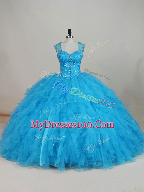 Classical Baby Blue Ball Gowns Tulle Straps Sleeveless Beading and Ruffles Floor Length Zipper Quinceanera Gowns