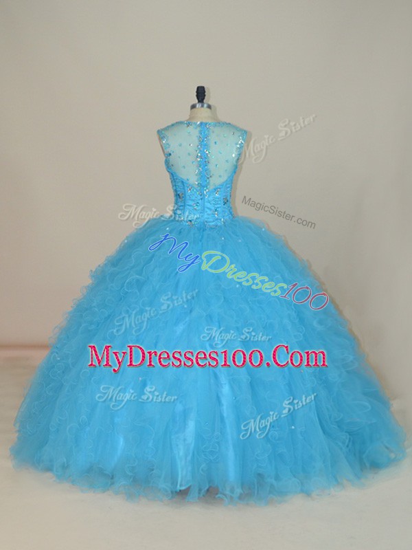 Classical Baby Blue Ball Gowns Tulle Straps Sleeveless Beading and Ruffles Floor Length Zipper Quinceanera Gowns