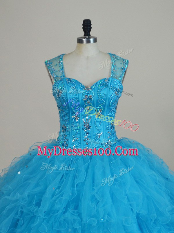 Classical Baby Blue Ball Gowns Tulle Straps Sleeveless Beading and Ruffles Floor Length Zipper Quinceanera Gowns