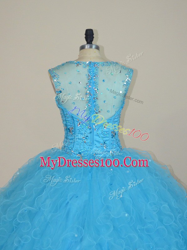 Classical Baby Blue Ball Gowns Tulle Straps Sleeveless Beading and Ruffles Floor Length Zipper Quinceanera Gowns