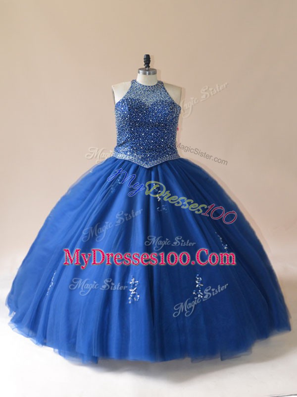 Top Selling Blue Quince Ball Gowns Sweet 16 and Quinceanera with Beading Scoop Sleeveless Lace Up
