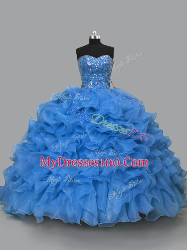 Modest Floor Length Blue 15 Quinceanera Dress Organza Sleeveless Beading and Ruffles