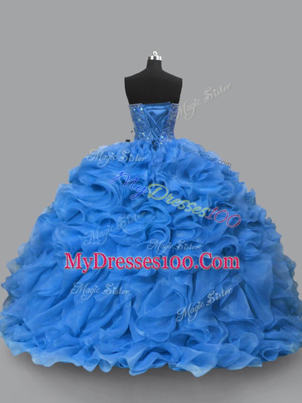 Modest Floor Length Blue 15 Quinceanera Dress Organza Sleeveless Beading and Ruffles