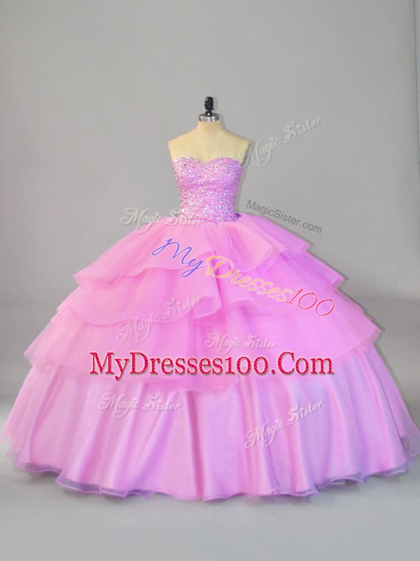 Discount Lilac Organza Lace Up Sweetheart Sleeveless Floor Length Quinceanera Gown Ruffled Layers
