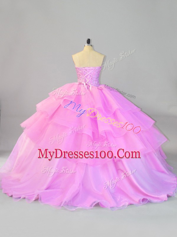 Discount Lilac Organza Lace Up Sweetheart Sleeveless Floor Length Quinceanera Gown Ruffled Layers