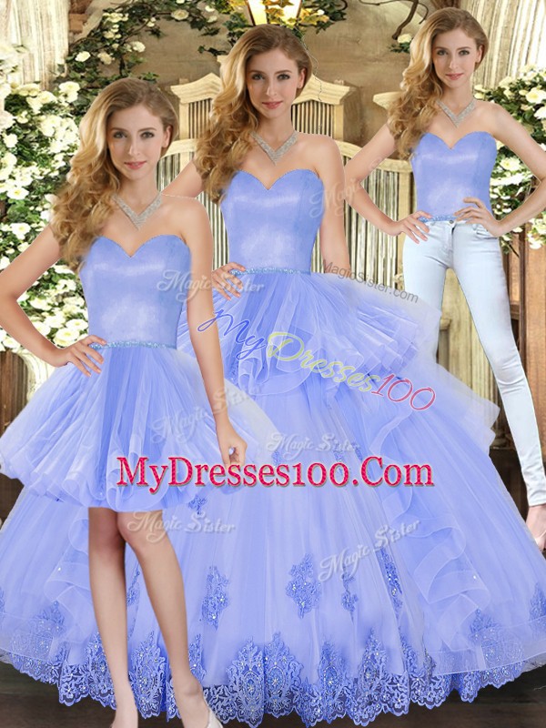 Sweetheart Sleeveless Tulle Vestidos de Quinceanera Appliques and Ruffles Lace Up