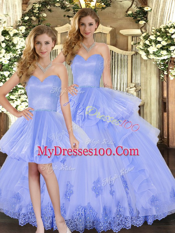 Sweetheart Sleeveless Tulle Vestidos de Quinceanera Appliques and Ruffles Lace Up