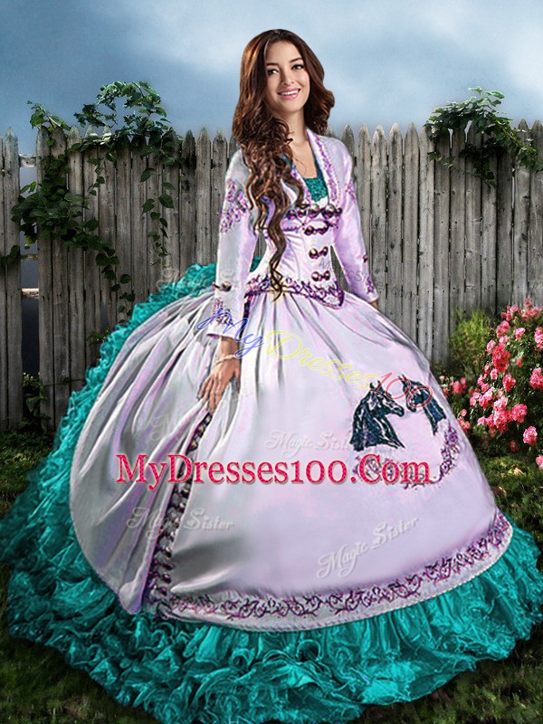 Designer Sleeveless Floor Length Embroidery and Ruffles Lace Up Quinceanera Gowns with Blue And White