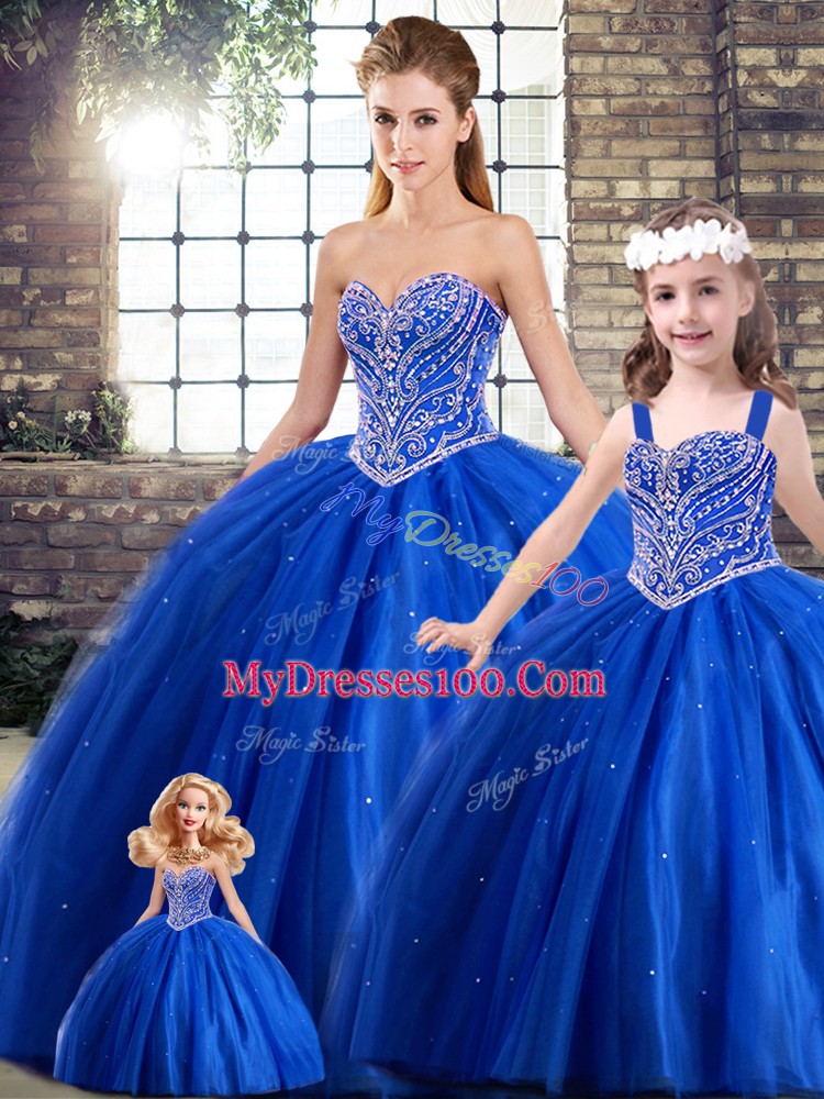 Free and Easy Blue Sweetheart Lace Up Beading Sweet 16 Dress Brush Train Sleeveless