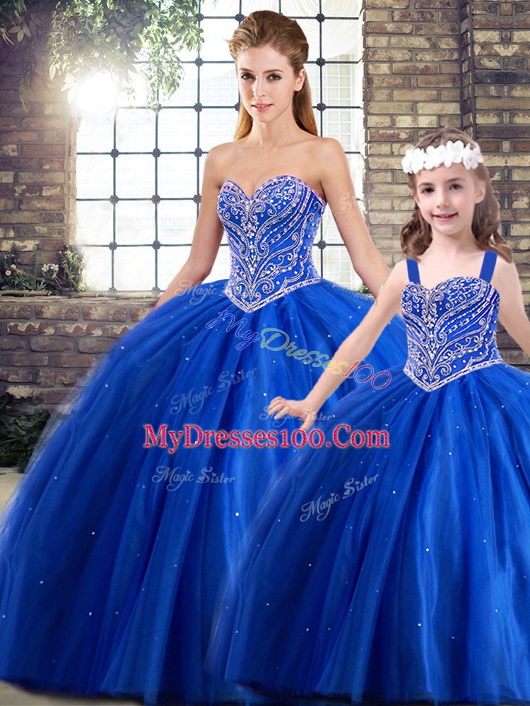 Free and Easy Blue Sweetheart Lace Up Beading Sweet 16 Dress Brush Train Sleeveless