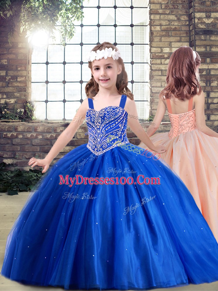 Free and Easy Blue Sweetheart Lace Up Beading Sweet 16 Dress Brush Train Sleeveless