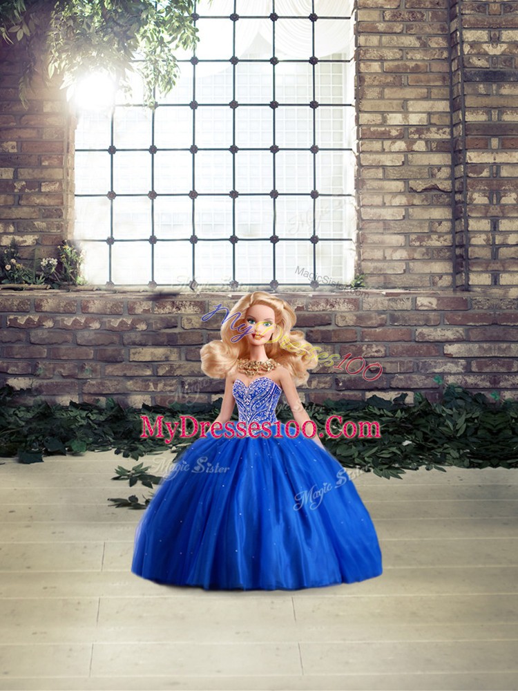 Free and Easy Blue Sweetheart Lace Up Beading Sweet 16 Dress Brush Train Sleeveless