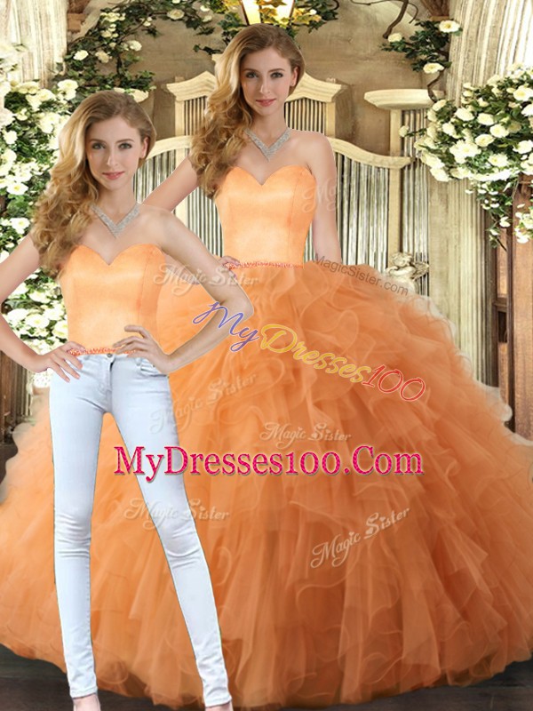 Custom Fit Sleeveless Tulle Floor Length Lace Up 15th Birthday Dress in Orange with Ruffles