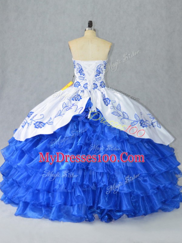Vintage Blue And White Ball Gowns Satin and Organza Sweetheart Sleeveless Embroidery and Ruffled Layers Floor Length Lace Up Quinceanera Dresses
