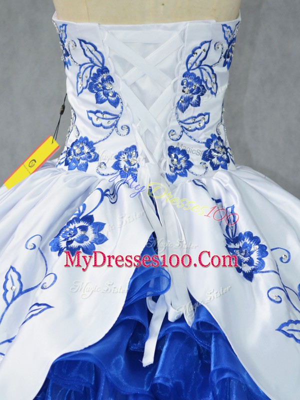 Vintage Blue And White Ball Gowns Satin and Organza Sweetheart Sleeveless Embroidery and Ruffled Layers Floor Length Lace Up Quinceanera Dresses