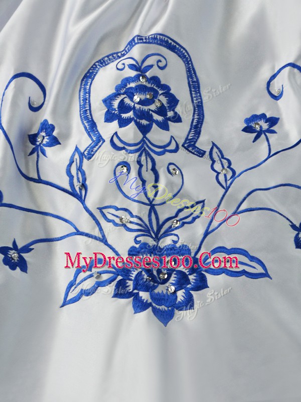 Vintage Blue And White Ball Gowns Satin and Organza Sweetheart Sleeveless Embroidery and Ruffled Layers Floor Length Lace Up Quinceanera Dresses