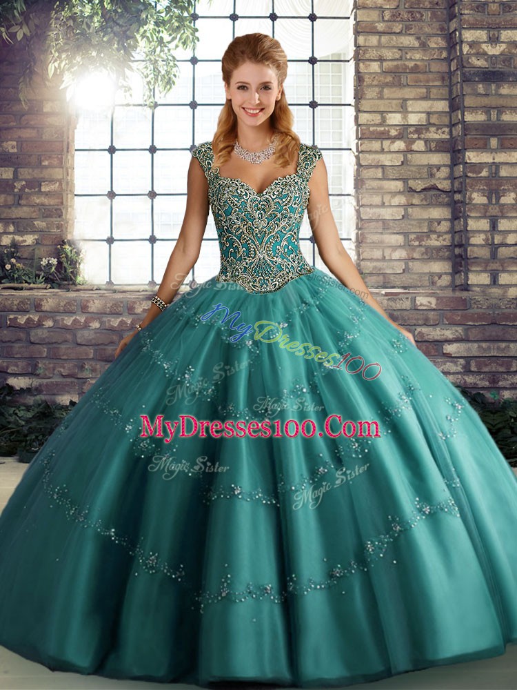 Teal Lace Up Straps Beading and Appliques Quince Ball Gowns Tulle Sleeveless