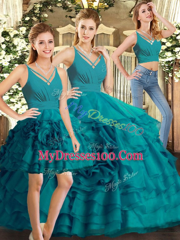 Teal Backless Quinceanera Dress Ruffled Layers Sleeveless Floor Length