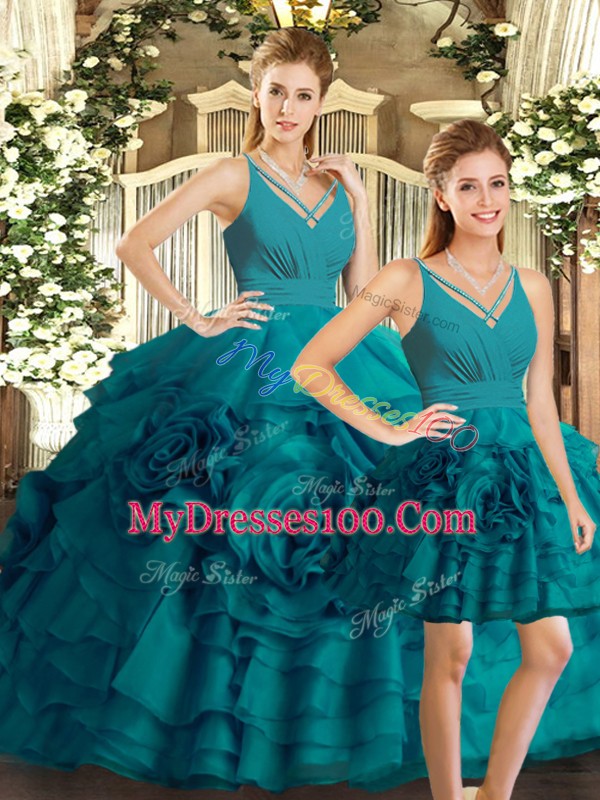 Teal Backless Quinceanera Dress Ruffled Layers Sleeveless Floor Length