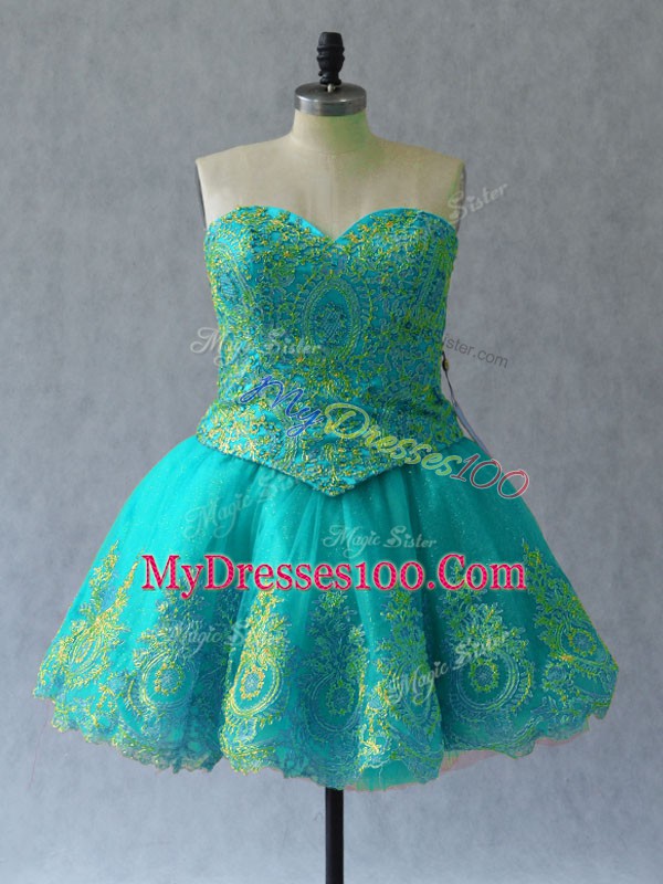 Free and Easy Sleeveless Mini Length Appliques and Embroidery Lace Up Cocktail Dresses with Turquoise