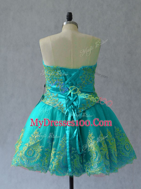 Free and Easy Sleeveless Mini Length Appliques and Embroidery Lace Up Cocktail Dresses with Turquoise
